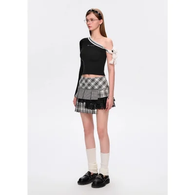 13DE MARZO Asymmetrical Shoulder Knit Long Sleeve Black - Image 4