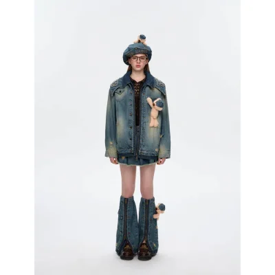 13DE MARZO Denim Cuffed Beret Hat Blue