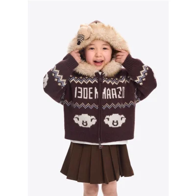 13DE MARZO Babybear Fair lsle Zip Hoodie Brown - Image 3