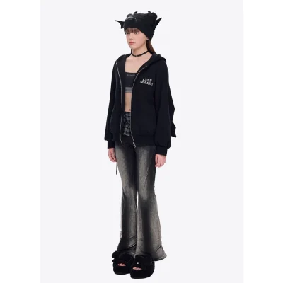 13DE MARZO Angel Devil Bear Zipped Hoodie Black - Image 4