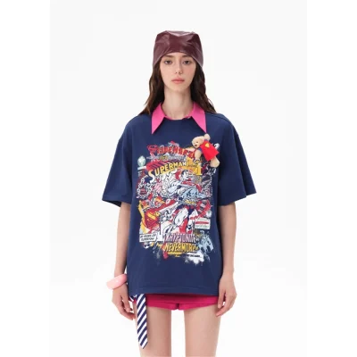 13DE MARZO Superman Bear Illustrated T-shirt Blue