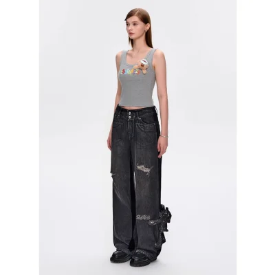 13DE MARZO Silver Foil Denim Pants Black - Image 4