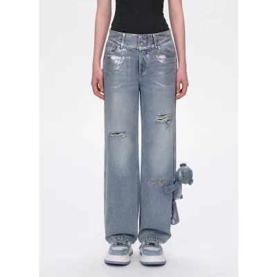 13DE MARZO Silver Foil Denim Pants Blue