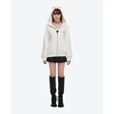 13DE MARZO Angel Devil Bear Zipped Hoodie White - Image 3