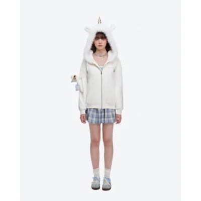 13DE MARZO Unicorn Bear Zipped Hoodie White - Image 3