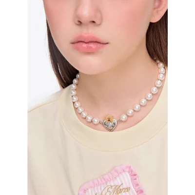 13DE MARZO Bear Heart Pearl Chain Silver