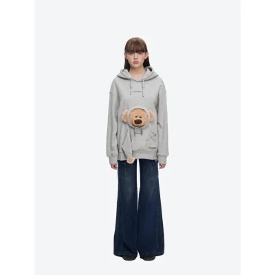 13DE MARZO Doozoo Pocket Bear Hoodie Grey - Image 4
