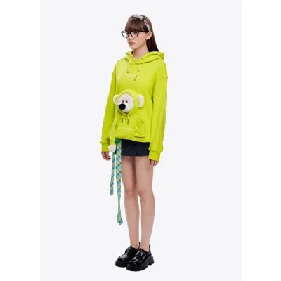 13DE MARZO Doozoo Pocket Bear Hoodie Neon Green - Image 4