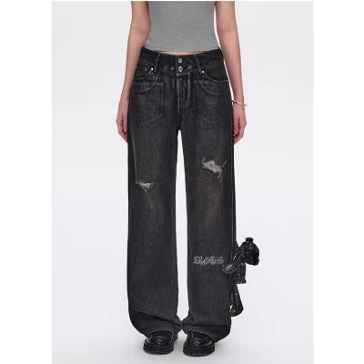 13DE MARZO Silver Foil Denim Pants Black
