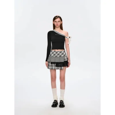 13DE MARZO Asymmetrical Shoulder Knit Long Sleeve Black - Image 3
