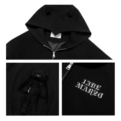 13DE MARZO Angel Devil Bear Zipped Hoodie Black - Image 10