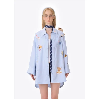 13DE MARZO Bear Stickers Shirt Blue