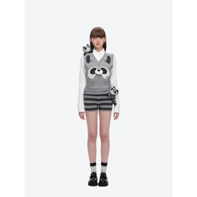 13DE MARZO Raccoon Bear Knitted Shorts Grey - Image 3