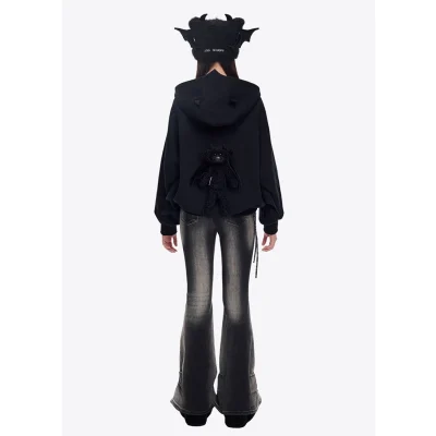 13DE MARZO Angel Devil Bear Zipped Hoodie Black - Image 5