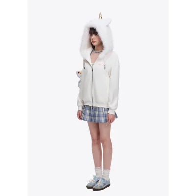 13DE MARZO Unicorn Bear Zipped Hoodie White - Image 4