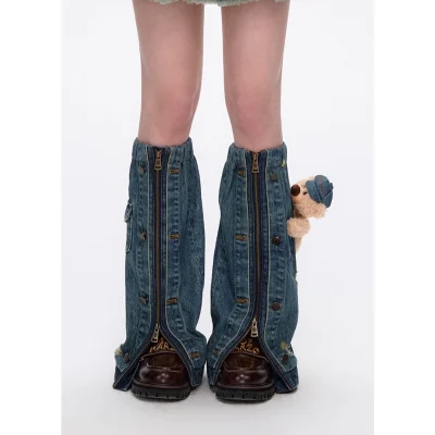 13DE MARZO Double-layer Denim Leg Warmers Blue - Image 3