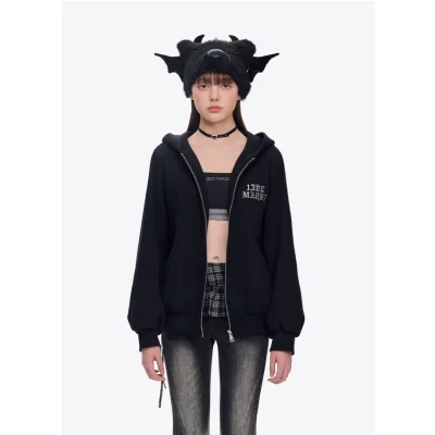 13DE MARZO Angel Devil Bear Zipped Hoodie Black