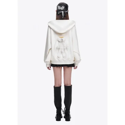 13DE MARZO Angel Devil Bear Zipped Hoodie White - Image 5
