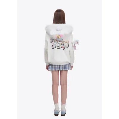 13DE MARZO Unicorn Bear Zipped Hoodie White - Image 5