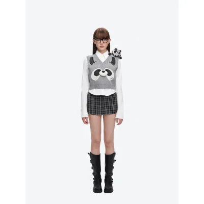13DE MARZO Raccoon Bear Knitted Vest Grey - Image 3