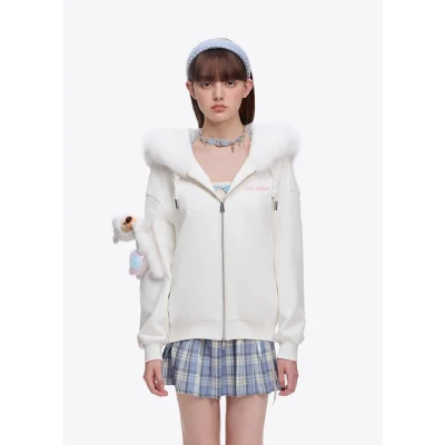 13DE MARZO Unicorn Bear Zipped Hoodie White