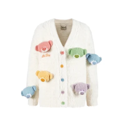 13DE MARZO Doozoo Pastel Bear Cardigan White