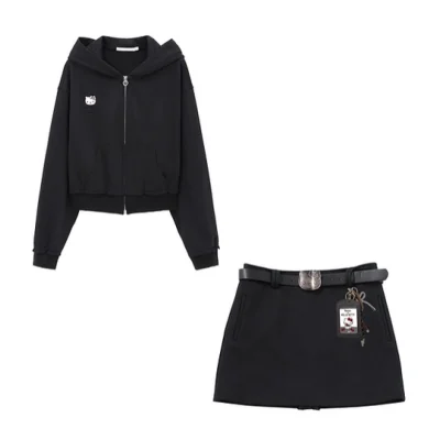 REVAN x Hello Kitty Hoodie & Skirt Set with Detachable Bow Black