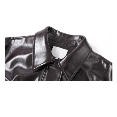 REVAN Glossy PU Leather Jacket with Shearling Lining Black Red - Image 6