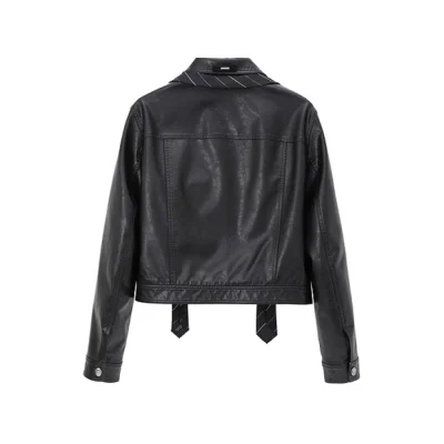 REVAN Classic PU Leather Jacket with Twill Tie Trim Black - Image 6
