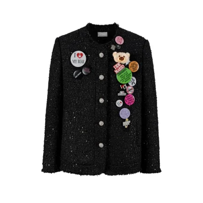 13DE MARZO Badge Vintage Chunky Wool Jacket Black