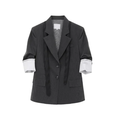 REVAN Blazer with Contrast Cuffs & Sheer Plaid Back Tie Dark Grey