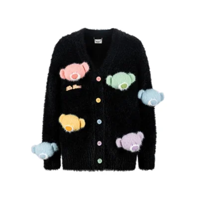 13DE MARZO Doozoo Pastel Bear Cardigan Black