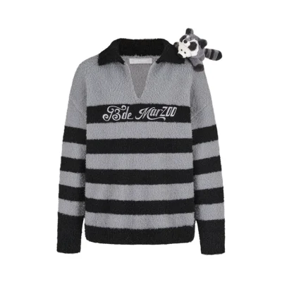 13DE MARZO Raccoon Bear Striped Sweater Grey
