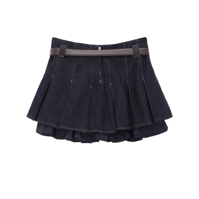 REVAN Faux Leather Look Ruffle Denim Skirt Dark Blue - Image 7