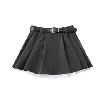 REVAN Monochrome Contrast Spliced Pleated Mini Skirt with Leather Belt Dark Grey