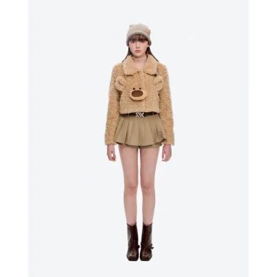 13DE MARZO Bear Face Faux Fur Coat Khaki - Image 3
