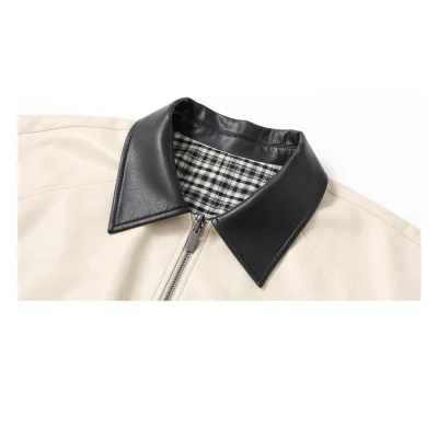 REVAN Reversible Balloon PU Leather Jacket with Check Pattern Khaki - Image 10
