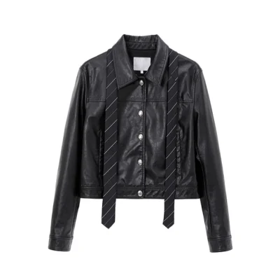 REVAN Classic PU Leather Jacket with Twill Tie Trim Black