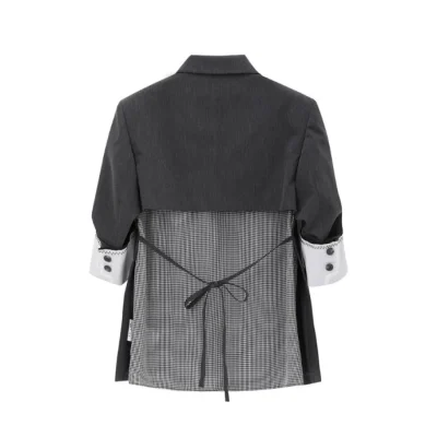 REVAN Blazer with Contrast Cuffs & Sheer Plaid Back Tie Dark Grey