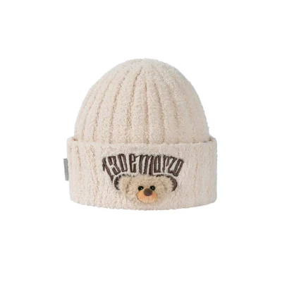 13DE MARZO Embroidered Plush Beanie Almond