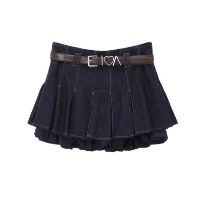 REVAN Faux Leather Look Ruffle Denim Skirt Dark Blue