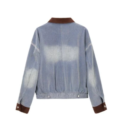 REVAN Contrast Collar Washed Denim Jacket Blue Brown