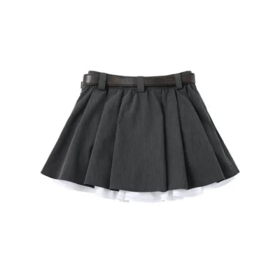 REVAN Monochrome Contrast Spliced Pleated Mini Skirt with Leather Belt Dark Grey - Image 6