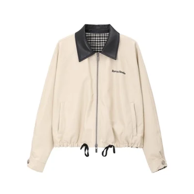 REVAN Reversible Balloon PU Leather Jacket with Check Pattern Khaki