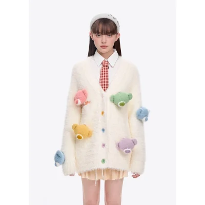 13DE MARZO Doozoo Pastel Bear Cardigan White
