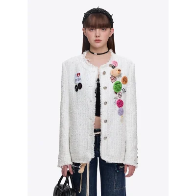 13DE MARZO Badge Vintage Chunky Wool Jacket White