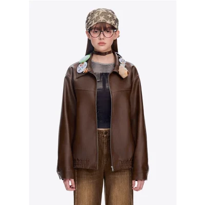 13DE MARZO Badge Leather Jacket Brown