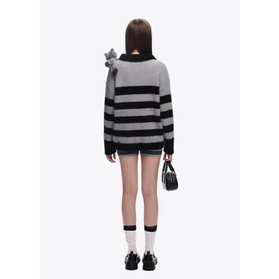 13DE MARZO Raccoon Bear Striped Sweater Grey - Image 4