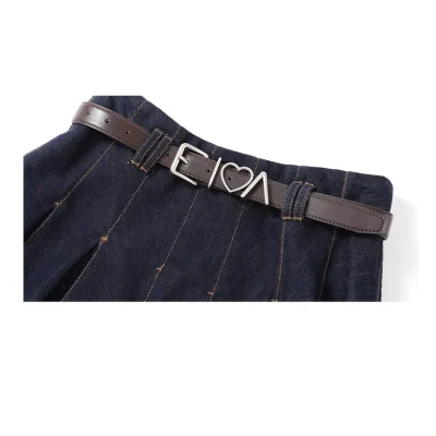 REVAN Faux Leather Look Ruffle Denim Skirt Dark Blue - Image 8