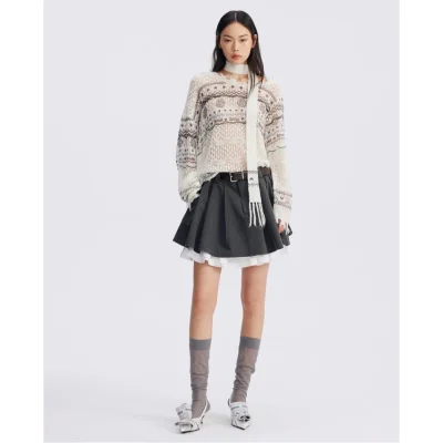 REVAN Monochrome Contrast Spliced Pleated Mini Skirt with Leather Belt Dark Grey - Image 3
